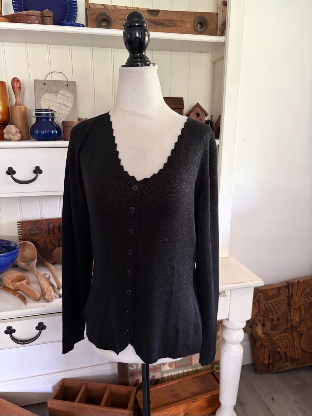 Black V-Neck Scallop Button-Front Women's Sweater